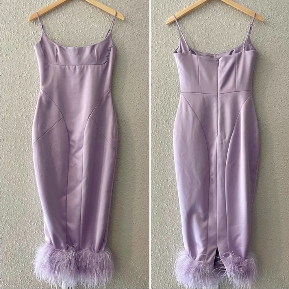 House of CB ‘Helena’ Orchid Satin Midi Dress with Feathered Trim NWOT - Picture 8 of 9